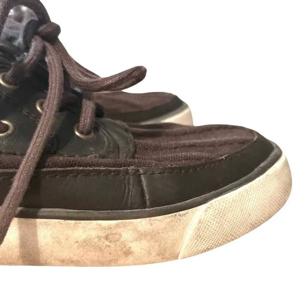 Polo Ralph Lauren Boys Leather & Canvas Dark Brown Boat Shoes Preppy Lace Up 9.5